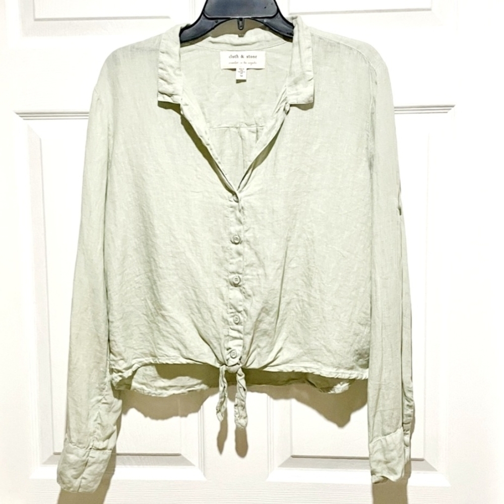 Cloth & Stone Light Green Linen Tie Front Long Sleeve Top Women's Medium M EUC